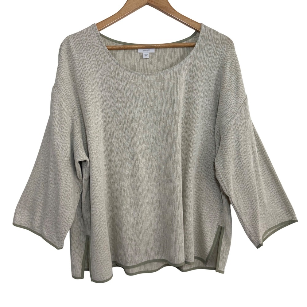 Pure Jill‎ Textured Linen Blend Top Beige Sage Relaxed Lagenlook Minimalist L